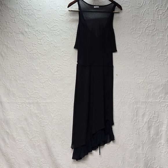 Sexy Sheer Little Black Dress Emily D Small Low Cowl Asymmetric Ruffle Skirt Tie - Picture 11 of 15